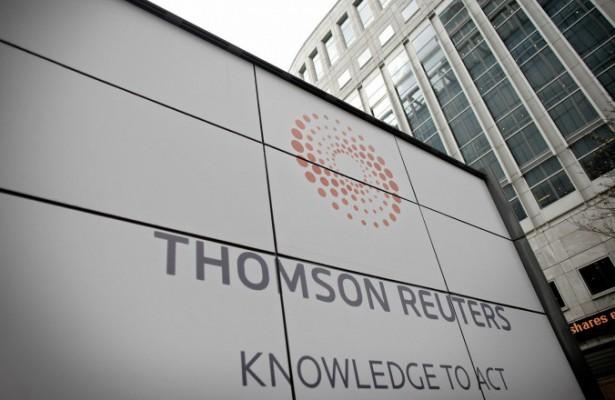 En skylt vid Thomson Reuters-byggnaden i Canary Wharf i London, 17 april 2008. Reuters nyhetssajt började blockeras av den kinesiska internetcensuren under fredagen den 20 mars.(Foto: Shuan Curry/AFP/Getty Images)