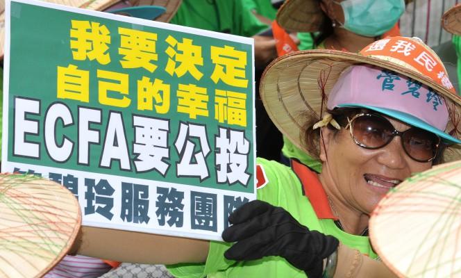 Demonstranter mot EFCA i Taipei håller banderoller under en protest den 20 maj. (Foto: AFP/Partick Lin)