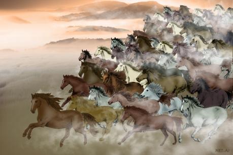 Tusentals galopperande hästar. (Illustratör: Anny Jean, Epoch Times)