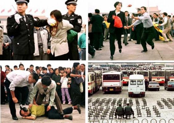 Den kinesiska polisen gör våldsamma ingripanden mot Falun Gong-utövare på Himmelska fridens torg under fredliga protester 2000-2001. (Foto: Minghui.org)
