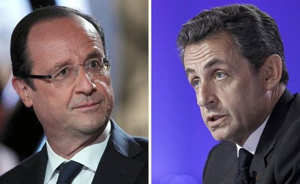 Franska socialistpartiets kandidat Francois Hollande (t.v) och sittande president Nicolas Sarkozy inleder första omgången i presidentvalet i Frankrike nu på söndag. (Foto: Kenzo Tribouillard / AFP / Getty Images)