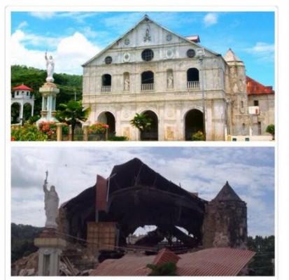 Bilder på kyrkan i Loboc före och efter skalvet. (Twitter)
