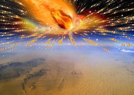 Forskarna har upptäckt två olika bevis som styrker teorin om att en komet exploderade ovanför Egypten för omkring 28 miljoner år sedan. Bilden visar en konstnärs bild av explosionen. (Terry Bakker)