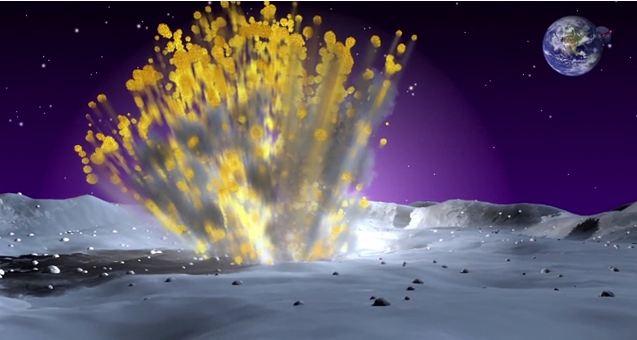 En simulering av explosionen på månen. Explosionen, som upptäcktes av astronomer nyligen och som inträffade den 17 mars, är den största som registrerats under de åtta år under vilka astronomer genomfört ett program för studier av explosioner på månens yta. Ett av målen med programmet är att detektera skräp från rymden som kan vara på väg mot jorden. (Skärmdump/YouTube)