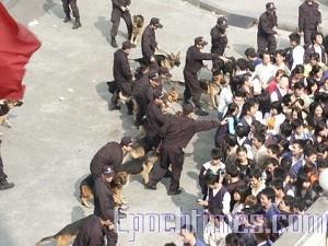 Tusentals strejkande arbetare i staden Dongguan i Guangdongprovinsen attackeras av poliser med hundar. (The Epoch Times)
