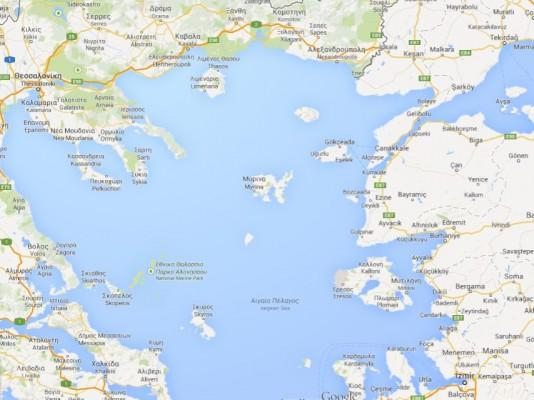 Egeiska havet där jordbävningen ägde rum i vattnet utanför ön Gökçeada. Klicka för större bild. (Skärmbild Google maps)