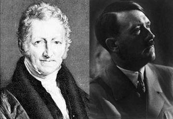 Thomas Malthus, präst på 1800-talet, publicerade många av de idéer som Hitler senare införlivade i sina planer på en ”härskarras” (Malthus-Public domain; Hitler-Library of Congress)