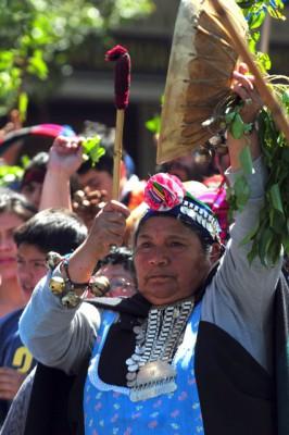 En Mapuchekvinna deltar i en protest i Santiago på "Columbusdagen" den 12 oktober 2009, som markerade den 517:e årsdagen efter att Christopher Columbus steg iland i Amerika. Urbefolkningen anser att de blivit berövade på sina historiska landområden. (AFP PHOTO/CLAUDIO SANTANA)