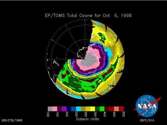 NASA har släppt bilden som visar tjockleken på ozonskiktet över södra halvklotet 2008. "Detta är det största ozonhålet  på södra halvklotet vi någonsin observerats, och det är nästan det djupaste, sade Richard McPeter, forskningsledare på Earth Probe (EP) Total Ozone Mapping Spectrometer (TOMS) . (Foto: AFP/Nasa)