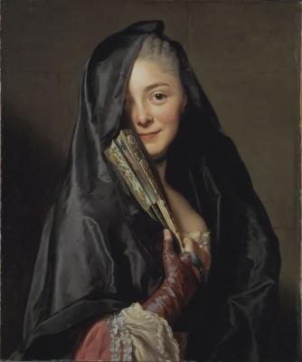 Damen med slöjan. Konstnären Marie Suzanne Giroust (Roslins  hustru), 1768. Med maskeraden som motiv. Under rokokon roade man sig ofta med att gå på maskeradbaler. (Foto:Nationalmuseum)
