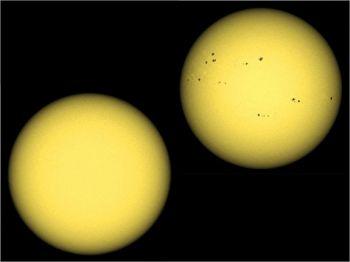 Solen betraktad i det synliga spektrumet vid solminimum år 2006, till vänster, och vid solmaximum år 2001. (ESO)