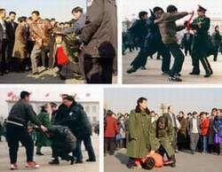Polisbrutalitet mot utövare av Falun Gong på Himmelska fridens torg i Peking. Debattören är kritisk till att Sverige skickar idrottsmän till Kina som styrs av ett förtryckande kommunistparti.  (Foto: Clearwisdom.net)
