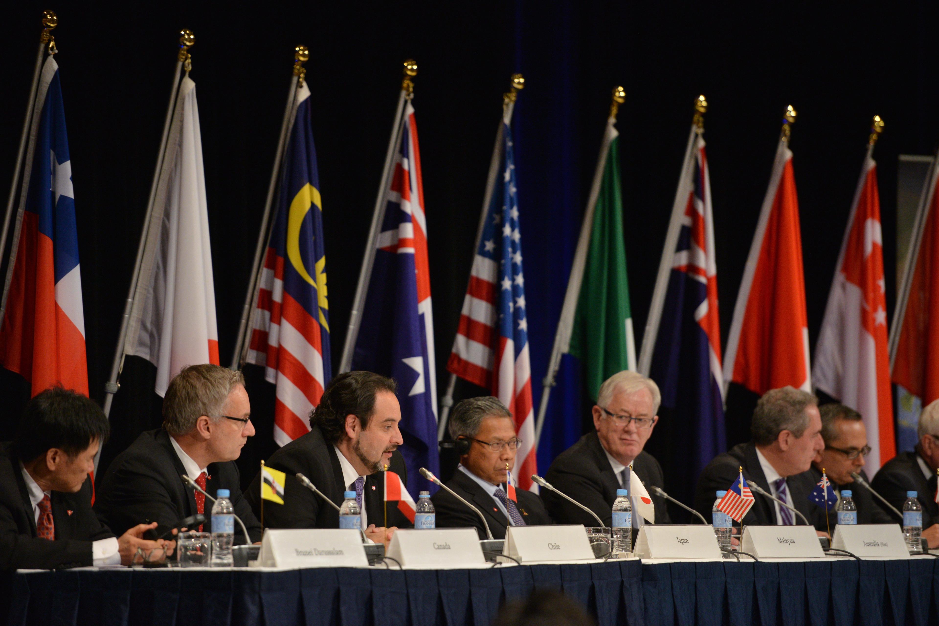 Bilden är från ett tidigare möte, den 27 oktober 2014, med de 12 länderna som omfattas av Trans-Pacific Partnership, TPP. (Foto: Peter Parks /AFP/Getty Images)
