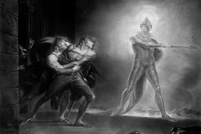 Hamlet, Horatio, Marcellus och spöket i Shakespeares "Hamlet, Prince of Denmark," målad av Henry Fuseli, år 1796, efter en målning av Kaufmann 1789. (Foto: Library of Congress, USA)