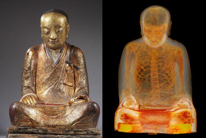 Mumien av den buddhistiske mästaren Liuquan kan ses inuti en Buddhastaty med hjälp av datortomografi. (Foto: M. Elsevier Stokmans, med tillstånd från Drents Museum)