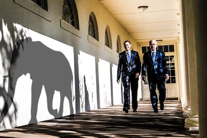 Elefanten i rummet finns ändå närvarande. (Foto: Mandel Nagan, AFP/Getty Images; fotomontage av Jens Almroth, Epoch Times)
