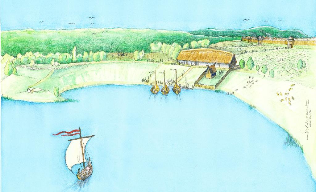 Illustration av hur den vikingatida stormannagården kan ha sett ut. (Illustration Jacques Vincent)