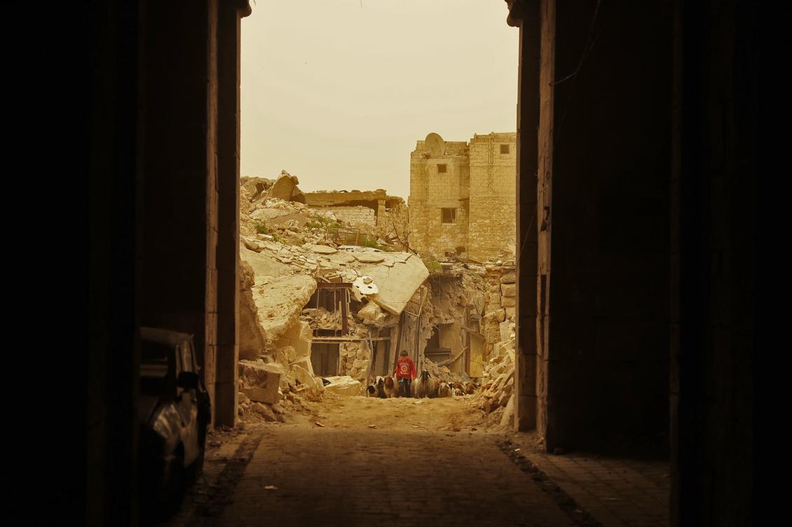 En pojke går med sina får i den förstörda syriska staden Aleppo. USA utreder nu en flygräd mot en by utanför Aleppo där civila sägs ha dödats. Foto: Joseph Eid/AFP/Getty Images