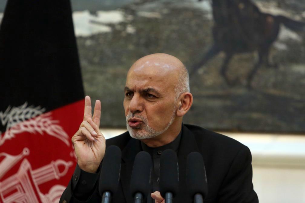 
President Ashraf Ghani vid en presskonferens tidigare i april. Foto: TT                                            