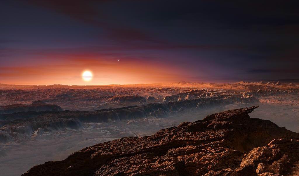 
En rekonstruktion av hur den nyupptäckta planeten Proxima b kan tänkas se ut. I bakgrunden syns den röda dvärgstjärnan Proxima Centauri, den närmaste grannen till vår egen sol i Vintergatan. Illustration:
European Southern Observatory                                            