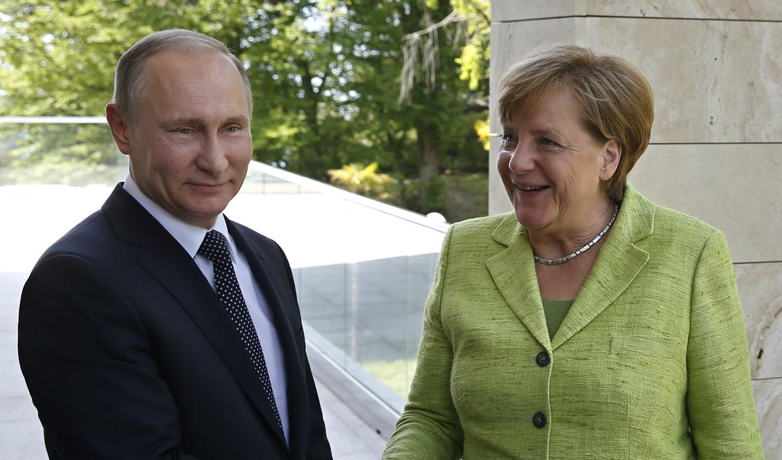 Den ryska presidenten Vladimit Putin välkomnade den tyska förbundskanslern Angela Merkel till motet i Sochi den 2 maj, 2017. Foto: Yuri Kochetkov/AFP/Getty Images.