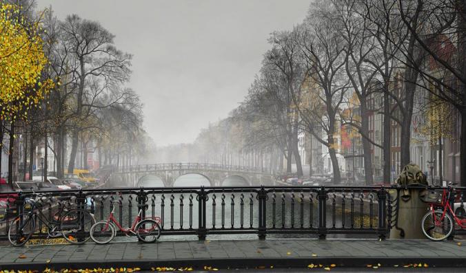 Detalj av "Amsterdam mist", Bert Monroys första zoombara digitala målning. Foto: Bert Monroy