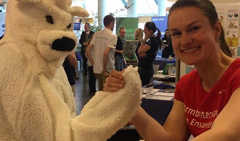 Armbrytning med en isbjörn under Klimatfestivalen vid Stockholms universitet, maj 2017.