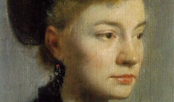 Detalj av "Porträtt av en ung kvinna" 1867, Edgar Degas (1834–1917). Olja på duk, 22x27 cm, Musée d'Orsay, Paris, France.