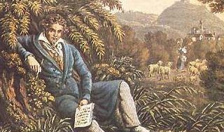 Ludwig van Beethoven skriver Pastoralsymfonin. Detalj av illustration ur "Almanach der Musikgesellschaft", 1834.