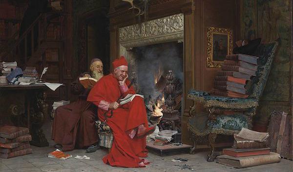 Detalj av “The Committee on Moral Books” ("Kommittén för moraliska böcker") av Jehan Georges Vibert (1840–1902), Frankrike. Olja på duk, privat ägo.