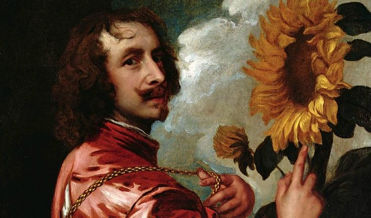 Detalj av Anthonis van Dycks självporträtt med en solros från någon gång efter 1633. Olja på duk, 58,4×73 cm. Privat samling. Foto: Sotheby's