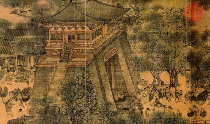 En sektion av ”Längs floden under Qingming-festivalen”; Zhang Zeduan (1085-1145, Kina)