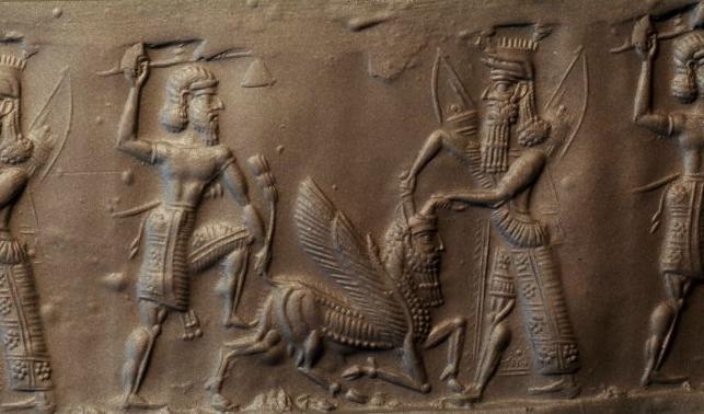 Gilgamesh och Enkidu dödar den himmelska tjuren. Cylinder seal impression. MS 1989, Schøyensamlingen, Norge. Foto: Andrew George