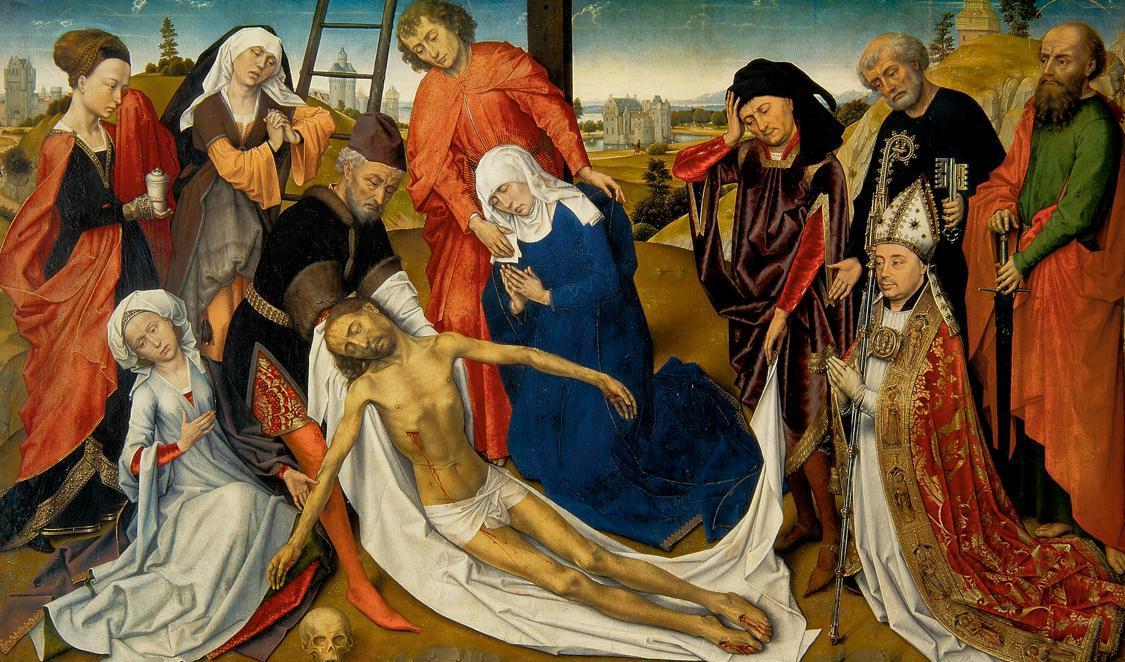












Rogier van der Weyden (och verkstad), "Klagosången över den döde Kristus” ca 1460-1464. Olja på pannå 80.6 x 130.1 cm. Mauritshuis, Haag, Nederländerna.                                                                                                                                                                                                                                                                                                                                                                                                                                                                                                                                                                                            