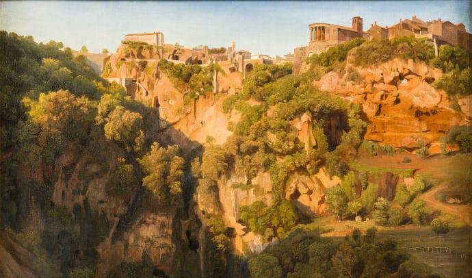 Detalj av Ernst Fries, Vy över Tivoli med kaskaderna och Ponte Lupo samt Vestatemplet och Sibyllatemplet, 1826. Foto: Linn Ahlgren/Nationalmuseum