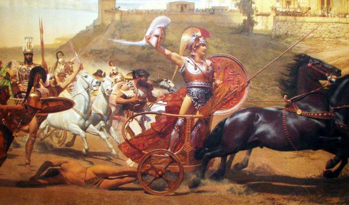 “Akilles triumf”, 1892, Franz Matsch. Akilles drar Hektors kropp runt Troja. Detalj från en panoramafresk i Achilleion. Foto: Public Domain