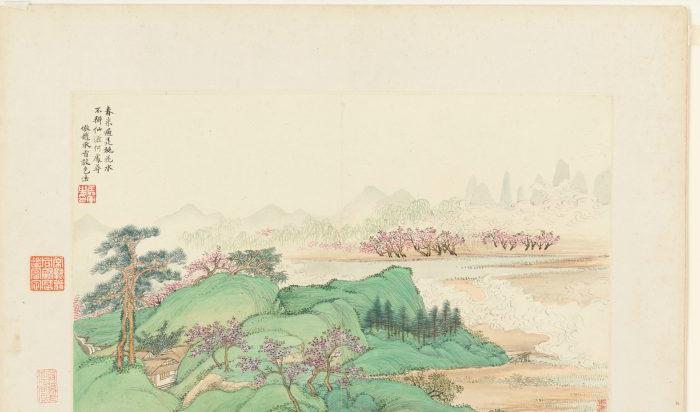 Ett bokblad ur “Landscapes after Old Masters”, 1674, av Wang Hui, Qingdynastin (1644–1911). Förvärvad 1989 av The Dillon Fund Gift. Detta bokblad föreställer ett vacker, överjordiskt rike som beskrivs i en dikt från Tangdynastin.  Dikten handlar om en vilsen fiskare som upptäcker ett utsökt rike som inte berörts av tiden. Sedan hittar han aldrig mer tillbaka, hur mycket han än försöker. Foto: The Metropolitan Museum of Art