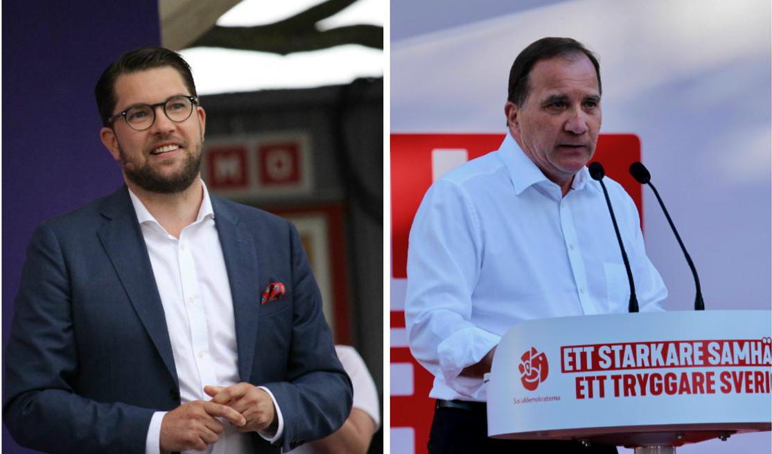 Sverigedemokraternas partiledare Jimmie Åkesson och Socialdemokraternas partiledare Stefan Löfven under deras respektive tal i Almedalen, Visby, 2018. Foto: Susanne W Lamm / Epoch Times