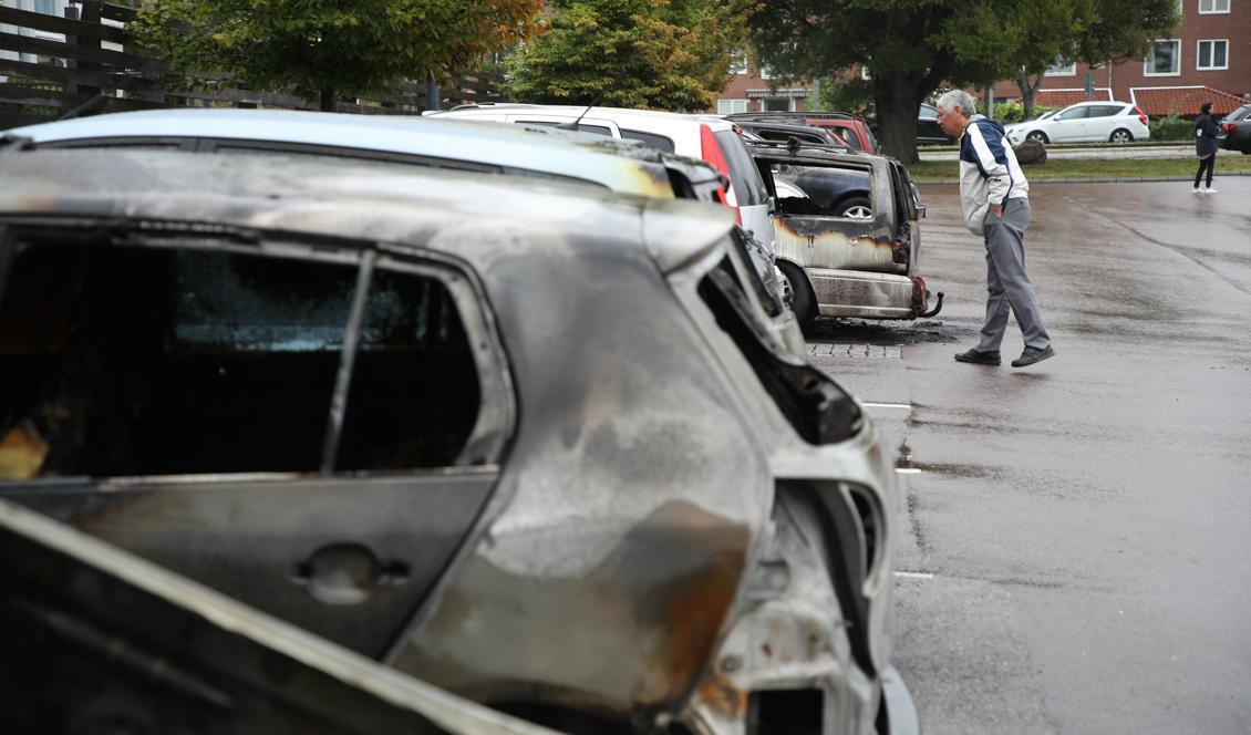 
Utbrända bilar i stadsdelen Frölunda i Göteborg i augusti. Foto: Adam Ihse/TT-arkivbild                                            