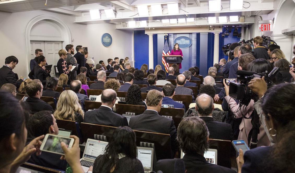 Pressträff i Vita huset med pressekreterare Sarah Huckabee Sanders, januari 2018. Foto: Samira Bouaou/The Epoch Times. Arkivbild