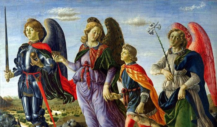 Mikael (till väsnter) med ärkeänglarna Rafael och Gabriel. Detalj av “De tre ärkeänglarna och Tobias” av Francesco Botticini (eller möjligen Andrea del Verocchio)1470.