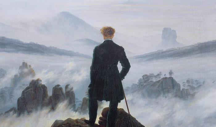 Detalj av Caspar David Friedrichs "Vandraren över dimhavet" (1818). Olja på duk, 94,8×74,8 cm. Hamburger Kunsthalle.