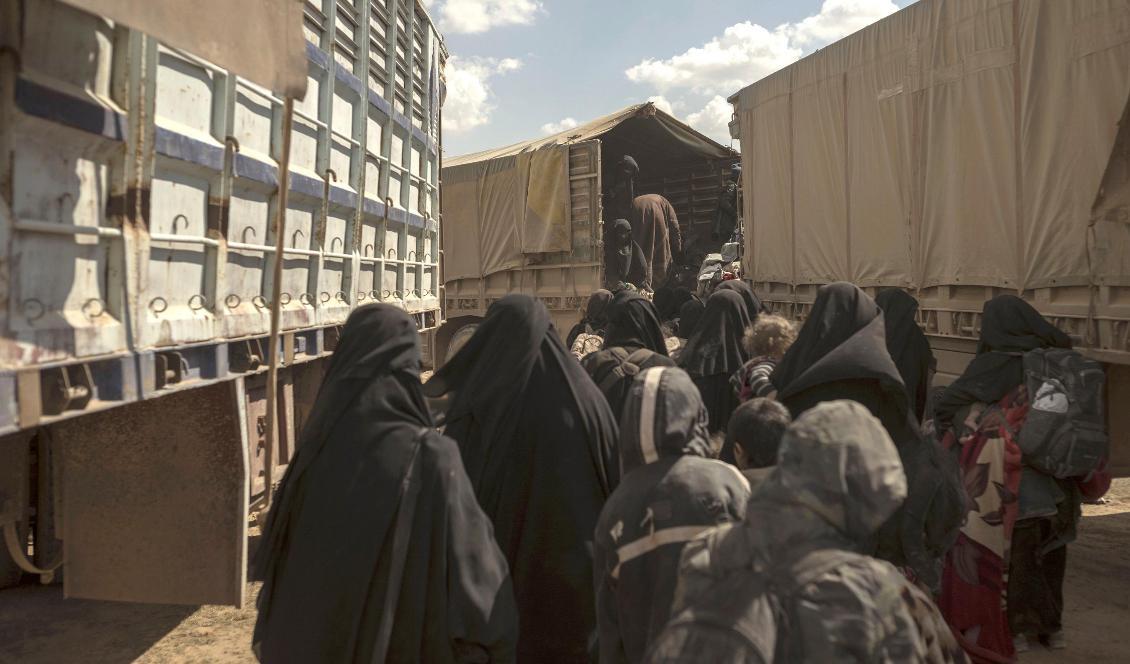 Kvinnor och barn på väg att evakueras från IS-enklaven utanför al-Baghuz i östra Syrien. Foto: Gabriel Chaim/AP/TT-arkivbild