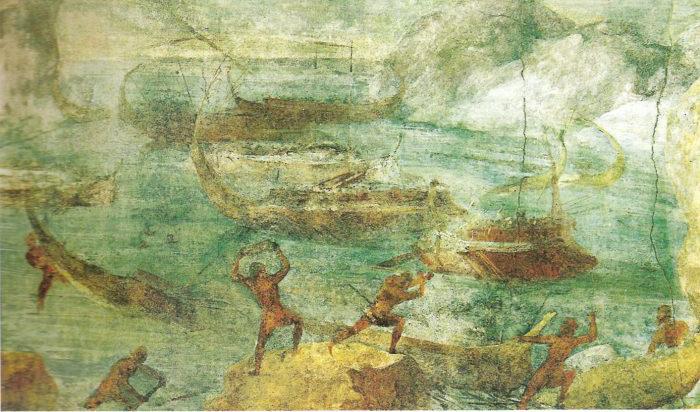 Odysseus och hans besättning drabbas av de människoätande laistrygonerna. Bild ur J. C. Andrä: ”Griechische Heldensagen für die Jugend bearbeitet”. Berlin: Verlag von Neufeld & Henius, 1902.