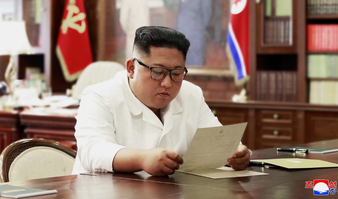 Kim Jong-Un läser brevet som påstås ha skrivits av USA:s president Donald Trump. Bilden kommer från Nordkoreas statliga nyhetsbyrå. Foto: KCNA/Korea News Service/AP/TT
