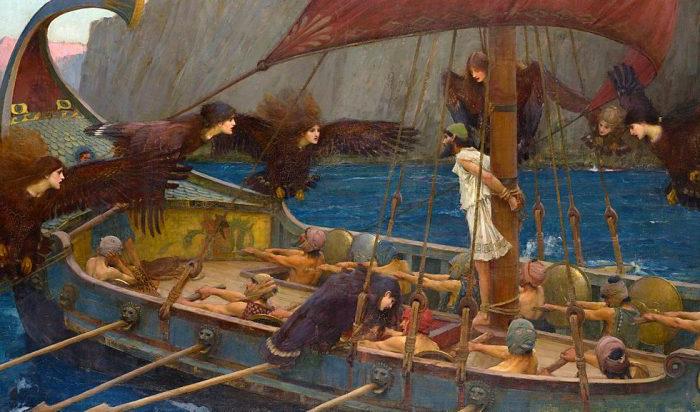 “Odysseus och sirenerna” 1891 av John William Waterhouse, föreställer den grekiska krigarkungen surrad vid masten på sitt skepp medan sirenerna sjunger sin lockande sång.