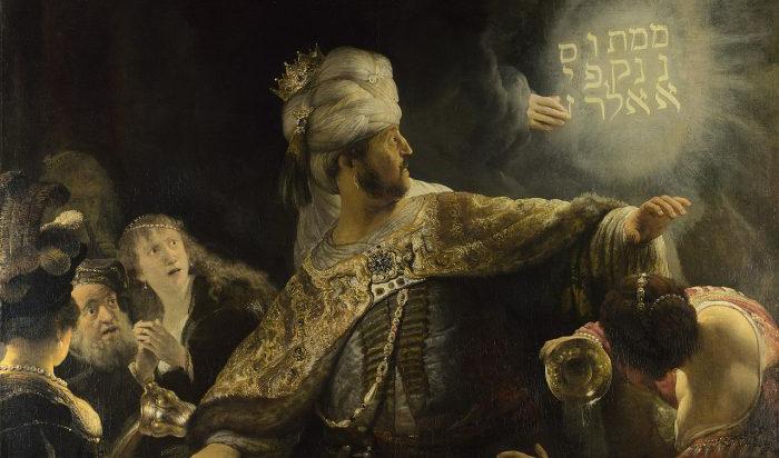 Detalj av "Belsassars gästabud", Rembrandt 1635-38, olja på duk, 167.6 x 209.2 cm. National Gallery