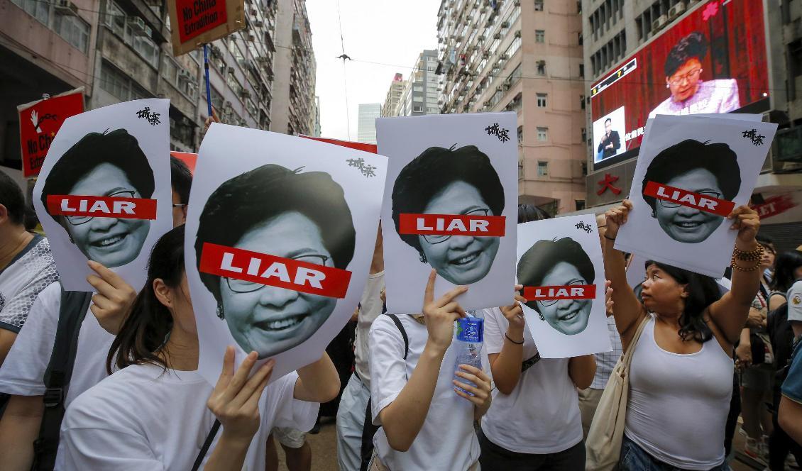 Demonstranter med plakat föreställande Carrie Lam under söndagens protester. Foto: Kin Cheung/AP/TT
