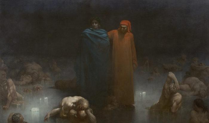 “Dante och Vergilius i helvetets nionde cirkel" 1861 av Gustave Doré. Olja på duk, 314 x 448 cm, Musée municipal de Bourge-en-Bresse.