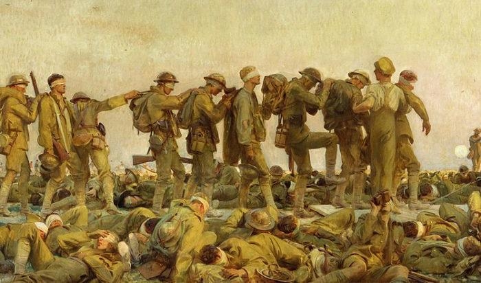 Kriget som skulle få alla krig att upphöra ledde till drastiska förändringar inom konst och litteratur. “Gasad,” 1919, av John Singer Sargent. Imperial War Museum London.